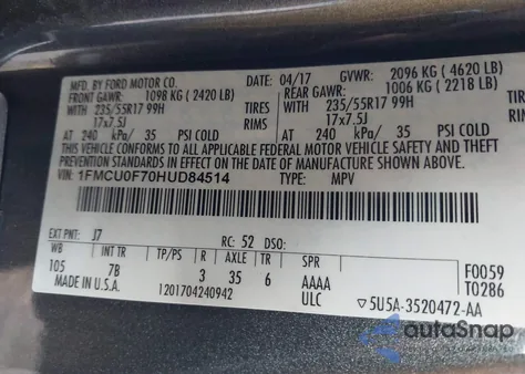 2017 Ford Escape S из США, поврежденный, VIN 1FMCU0F70HUD84514